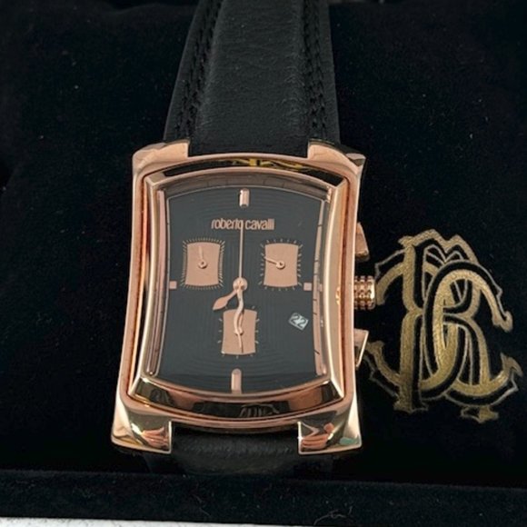 New Roberto Cavalli Chronograp Watch Rose Gold with 9.5in Black Embossed Strap - Picture 2 of 10